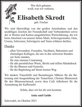 Traueranzeige von Elisabeth Skrodt (geb. Fischer)  von Magdeburger Volksstimme