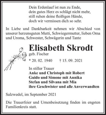 Traueranzeige von Elisabeth Skrodt (geb. Fischer)  von Magdeburger Volksstimme