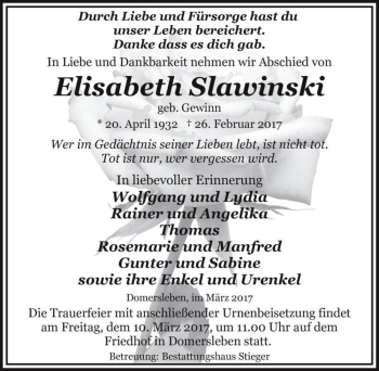 Traueranzeige von Elisabeth Slawinski (geb. Gewinn)  von Magdeburger Volksstimme