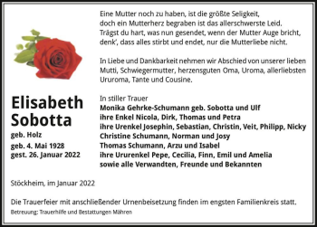 Traueranzeige von Elisabeth Sobotta (geb. Holz)  von Magdeburger Volksstimme