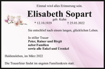 Traueranzeige von Elisabeth Sopart (geb. Kuhn)  von Magdeburger Volksstimme