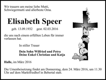 Traueranzeige von Elisabeth Speer  von Magdeburger Volksstimme