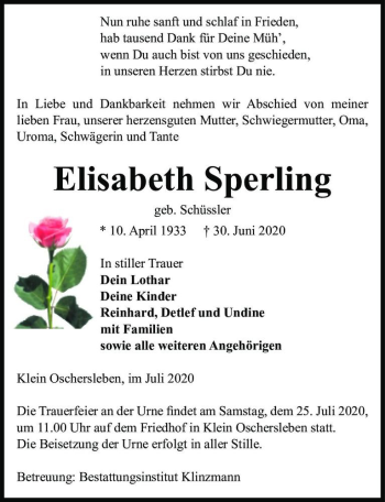 Traueranzeige von Elisabeth Sperling (geb. Schüssler)  von Magdeburger Volksstimme