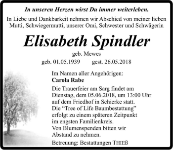 Traueranzeige von Elisabeth Spindler (geb. Mewes)  von Magdeburger Volksstimme