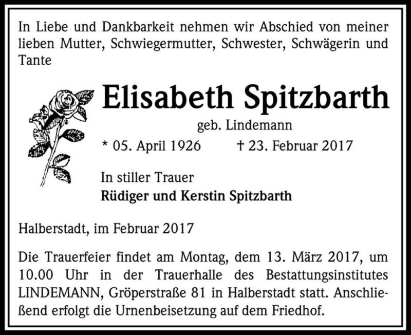  Traueranzeige für Elisabeth Spitzbarth (geb. Lindemann)  vom 25.02.2017 aus Magdeburger Volksstimme