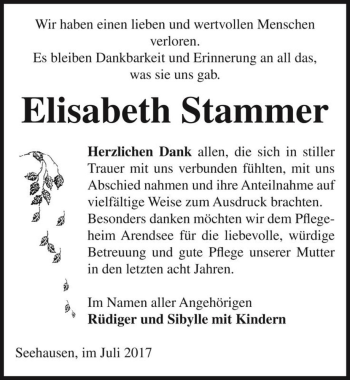 Traueranzeige von Elisabeth Stammer  von Magdeburger Volksstimme