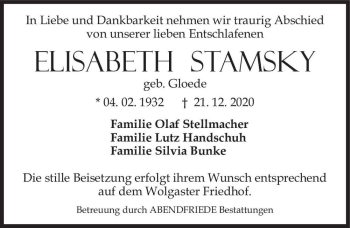 Traueranzeige von Elisabeth Stamsky (geb. Gloede)  von Magdeburger Volksstimme