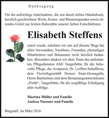 Traueranzeige von Elisabeth Steffens  von Magdeburger Volksstimme