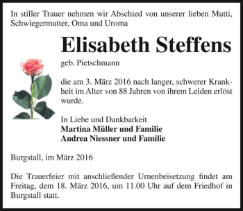 Traueranzeige von Elisabeth Steffens (geb. Pietschmann)  von Magdeburger Volksstimme