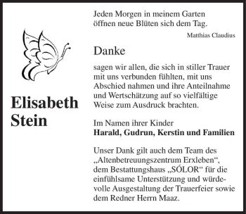 Traueranzeige von Elisabeth Stein  von Magdeburger Volksstimme
