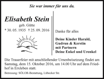 Traueranzeige von Elisabeth Stein (geb. Gütte)  von Magdeburger Volksstimme
