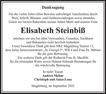 Traueranzeige von Elisabeth Steinbiß  von Magdeburger Volksstimme