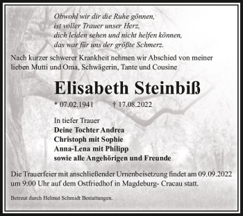 Traueranzeige von Elisabeth Steinbiß  von Magdeburger Volksstimme