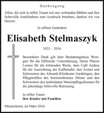 Traueranzeige von Elisabeth Stelmaszyk  von Magdeburger Volksstimme