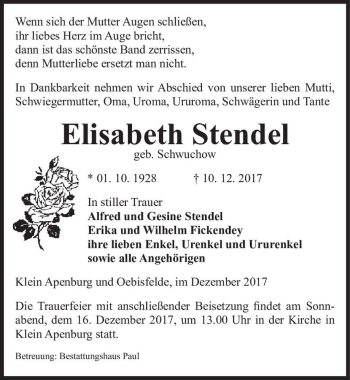 Traueranzeige von Elisabeth Stendel (geb. Schwuchow)  von Magdeburger Volksstimme