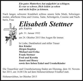 Traueranzeige von Elisabeth Stettner (geb. Kapitza)  von Magdeburger Volksstimme