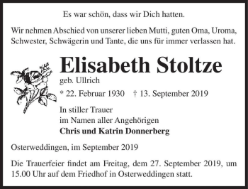 Traueranzeige von Elisabeth Stoltze (geb. Ullrich)  von Magdeburger Volksstimme