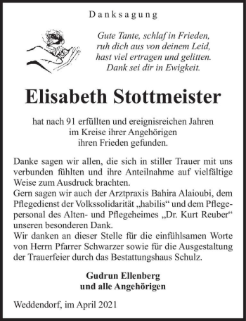 Traueranzeige von Elisabeth Stottmeister  von Magdeburger Volksstimme
