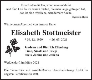 Traueranzeige von Elisabeth Stottmeister  von Magdeburger Volksstimme