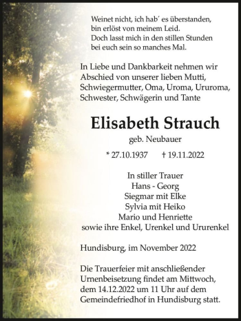Traueranzeige von Elisabeth Strauch (geb. Neubauer)  von Magdeburger Volksstimme