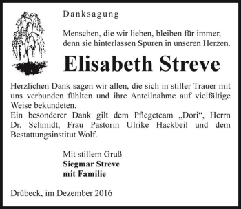 Traueranzeige von Elisabeth Streve  von Magdeburger Volksstimme