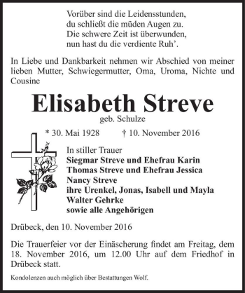 Traueranzeige von Elisabeth Streve (geb. Schulze)  von Magdeburger Volksstimme