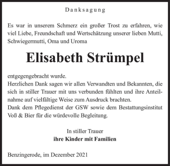 Traueranzeige von Elisabeth Strümpel  von Magdeburger Volksstimme