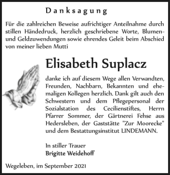 Traueranzeige von Elisabeth Suplacz  von Magdeburger Volksstimme