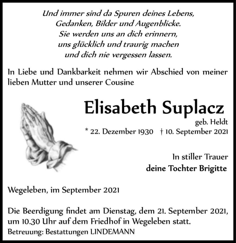  Traueranzeige für Elisabeth Suplacz (geb. Heldt)  vom 18.09.2021 aus Magdeburger Volksstimme