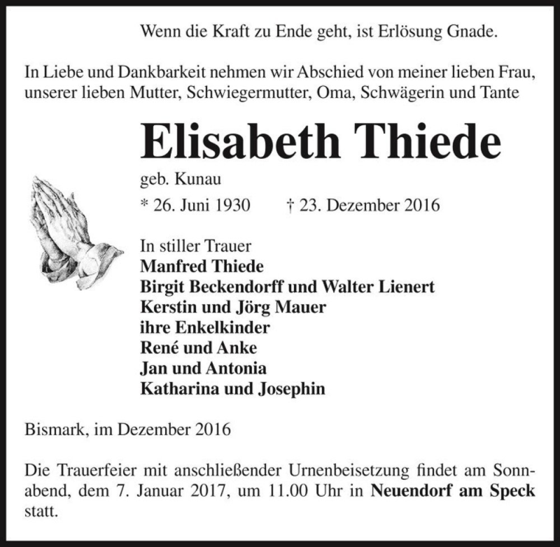  Traueranzeige für Elisabeth Thiede (geb. Kunau)  vom 31.12.2016 aus Magdeburger Volksstimme