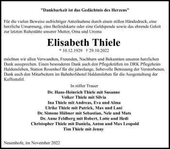 Traueranzeige von Elisabeth Thiele  von Magdeburger Volksstimme