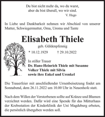 Traueranzeige von Elisabeth Thiele (geb. Güldenpfennig)  von Magdeburger Volksstimme