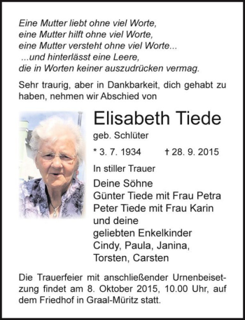 Traueranzeige von Elisabeth Tiede (geb. Schlüter)  von Magdeburger Volksstimme