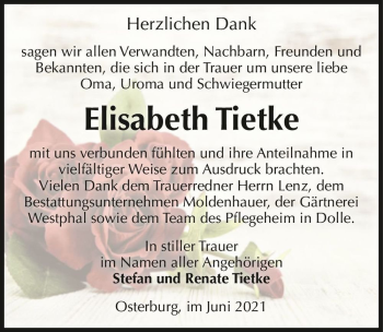 Traueranzeige von Elisabeth Tietke  von Magdeburger Volksstimme