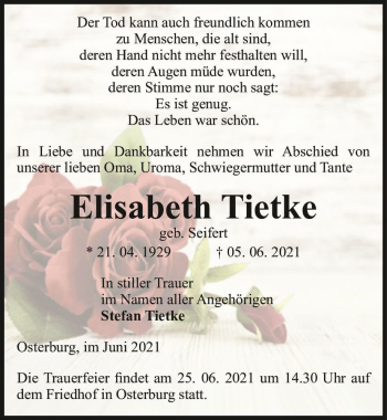 Traueranzeige von Elisabeth Tietke (geb. Seifert)  von Magdeburger Volksstimme
