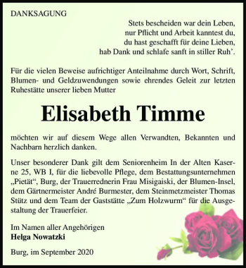 Traueranzeige von Elisabeth Timme  von Magdeburger Volksstimme