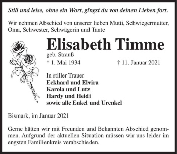 Traueranzeige von Elisabeth Timme (geb. Strauß)  von Magdeburger Volksstimme