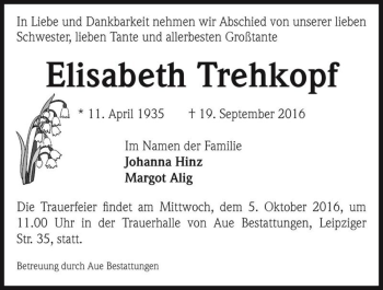 Traueranzeige von Elisabeth Trehkopf  von Magdeburger Volksstimme
