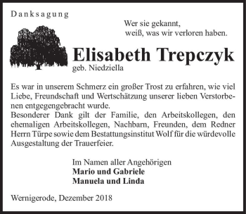 Traueranzeige von Elisabeth Trepczyk (geb. Niedziella)  von Magdeburger Volksstimme