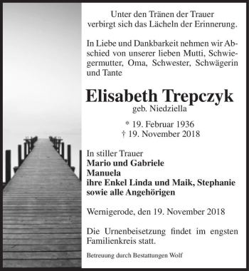 Traueranzeige von Elisabeth Trepczyk (geb. Niedziella)  von Magdeburger Volksstimme