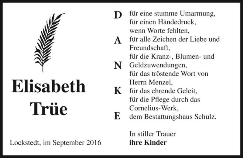  Traueranzeige für Elisabeth Trüe  vom 29.09.2016 aus Magdeburger Volksstimme