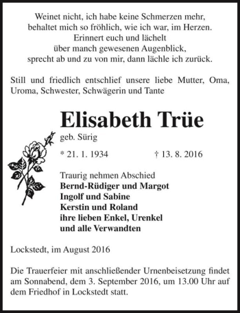 Traueranzeige von Elisabeth Trüe (geb. Sürig)  von Magdeburger Volksstimme