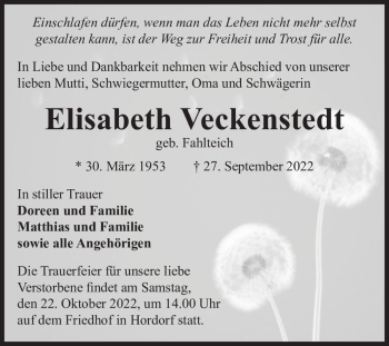 Traueranzeige von Elisabeth Veckenstedt (geb. Fahlteich)  von Magdeburger Volksstimme