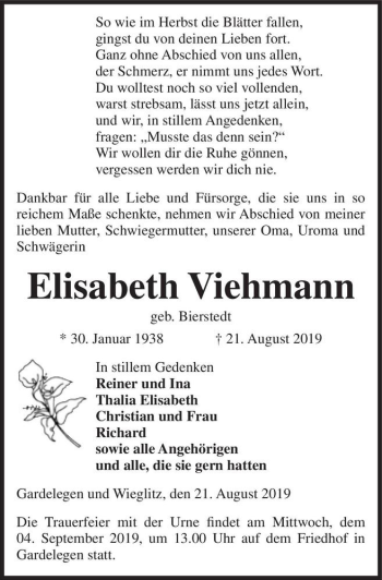 Traueranzeige von Elisabeth Viehmann (geb. Bierstedt)  von Magdeburger Volksstimme