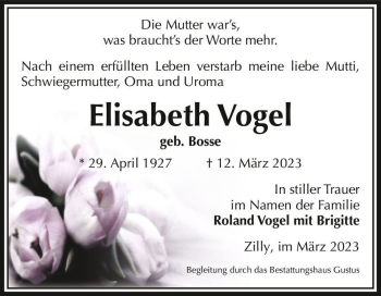 Traueranzeige von Elisabeth Vogel (geb. Bosse)  von Magdeburger Volksstimme