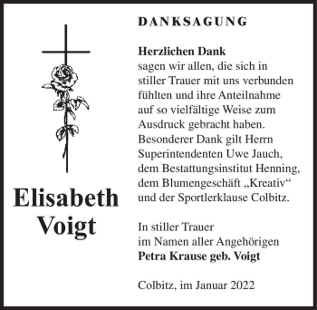 Traueranzeige von Elisabeth Voigt  von Magdeburger Volksstimme