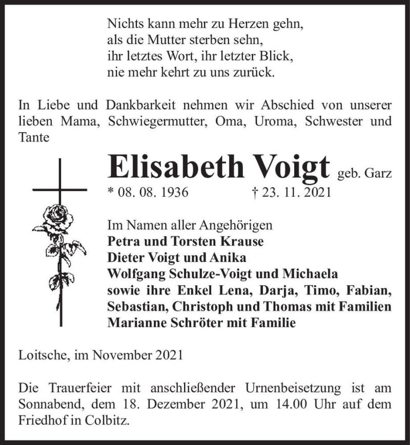  Traueranzeige für Elisabeth Voigt (geb. Garz)  vom 27.11.2021 aus Magdeburger Volksstimme