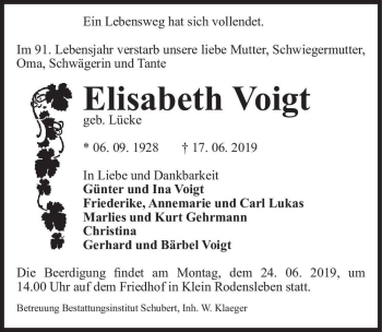 Traueranzeige von Elisabeth Voigt (geb. Lücke)  von Magdeburger Volksstimme