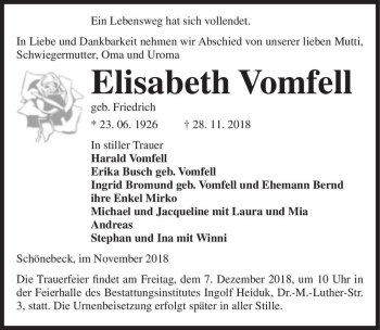 Traueranzeige von Elisabeth Vomfell (geb. Friedrich)  von Magdeburger Volksstimme