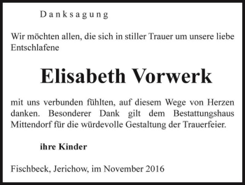 Traueranzeige von Elisabeth Vorwerk  von Magdeburger Volksstimme
